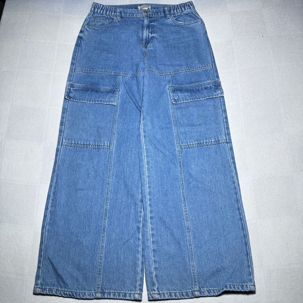 Forever 21 Cargo Jeans Womens 27 Wide Leg Baggy High Rise Utility Medium‎ Wash